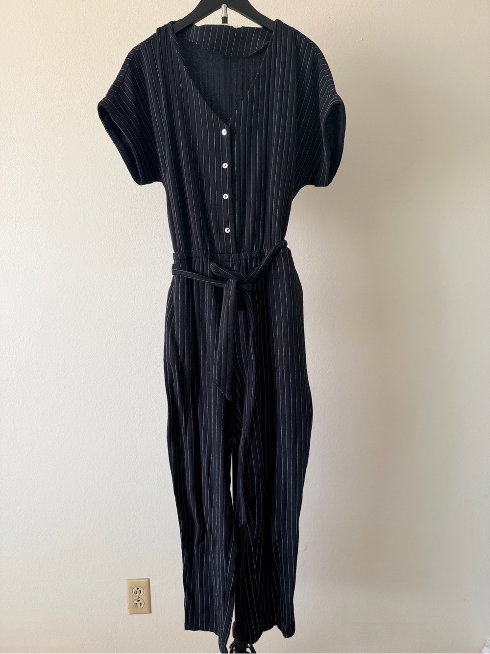 Ellison Black Pinstripe Short-Sleeve Jumpsuit with Tie Waist